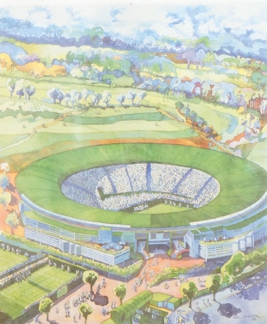 Peter Welton (b. 1933), 'The New Number One Court, Wimbledon', signed and numbered 300/850 to the margin, lithograph in colours, the image 36cm x 30cm